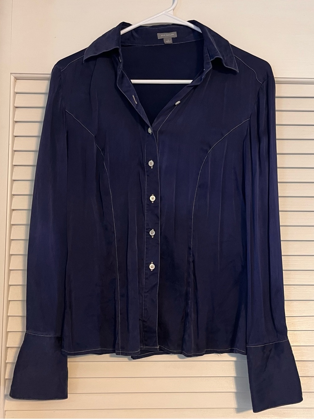 Ann Taylo Royal Blue Stretch Silk Button Up - 4